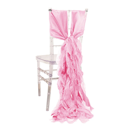 5 Pack Chiffon Satin Chair Sashes Pink - Easy to Install Ruffled Curly Willow - Bell Racket Store