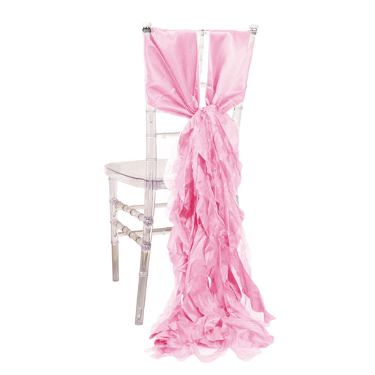 5 Pack Chiffon Satin Chair Sashes Pink - Easy to Install Ruffled Curly Willow - Bell Racket Store