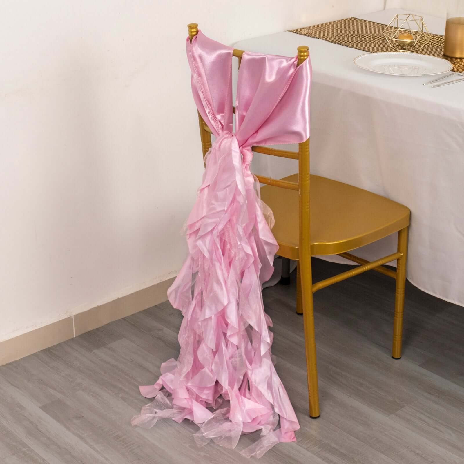 5 Pack Chiffon Satin Chair Sashes Pink - Easy to Install Ruffled Curly Willow - Bell Racket Store