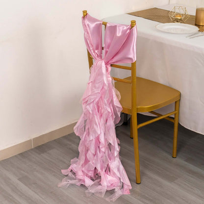 5 Pack Chiffon Satin Chair Sashes Pink - Easy to Install Ruffled Curly Willow - Bell Racket Store