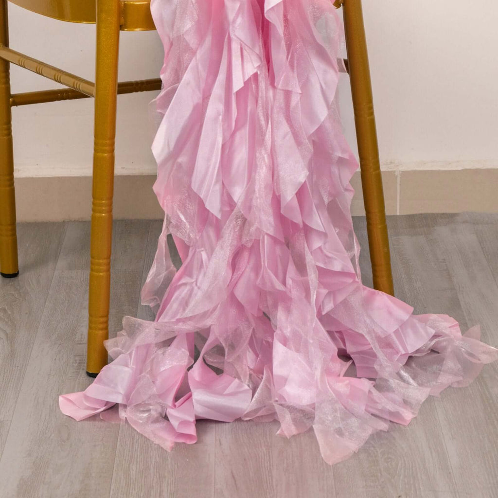 5 Pack Chiffon Satin Chair Sashes Pink - Easy to Install Ruffled Curly Willow - Bell Racket Store