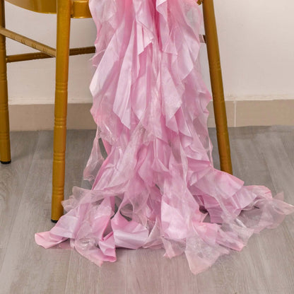5 Pack Chiffon Satin Chair Sashes Pink - Easy to Install Ruffled Curly Willow - Bell Racket Store