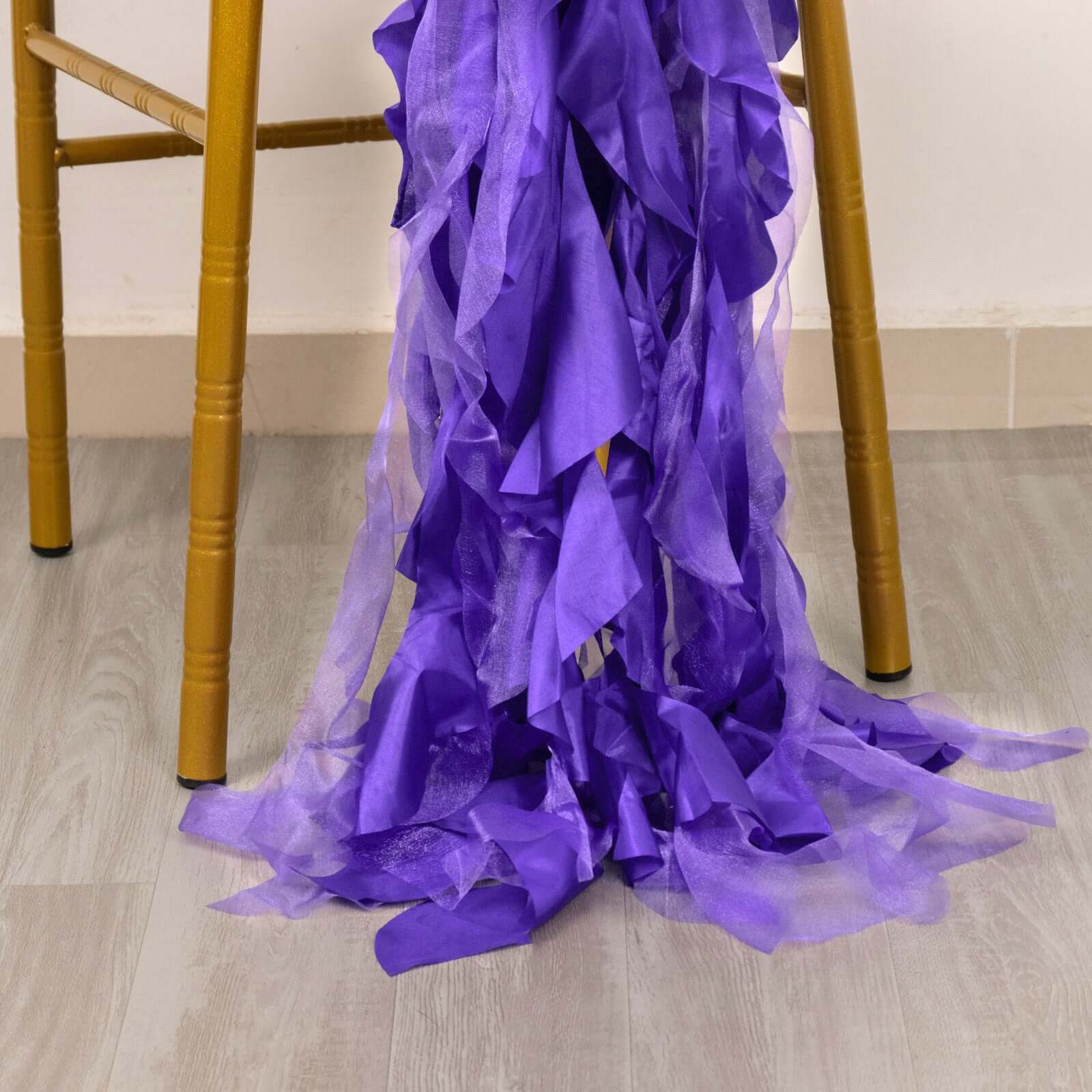 5 Pack Chiffon Satin Chair Sashes Purple - Easy to Install Ruffled Curly Willow - Bell Racket Store
