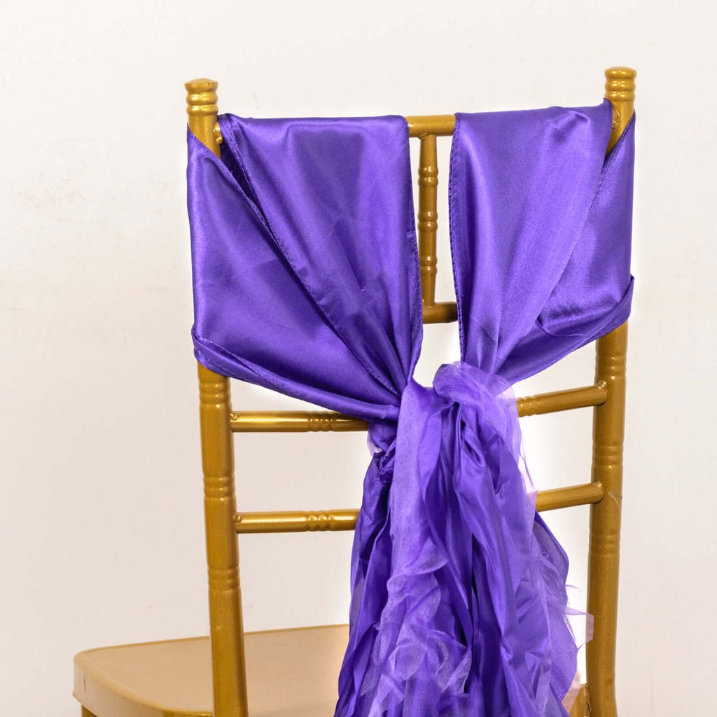 5 Pack Chiffon Satin Chair Sashes Purple - Easy to Install Ruffled Curly Willow - Bell Racket Store