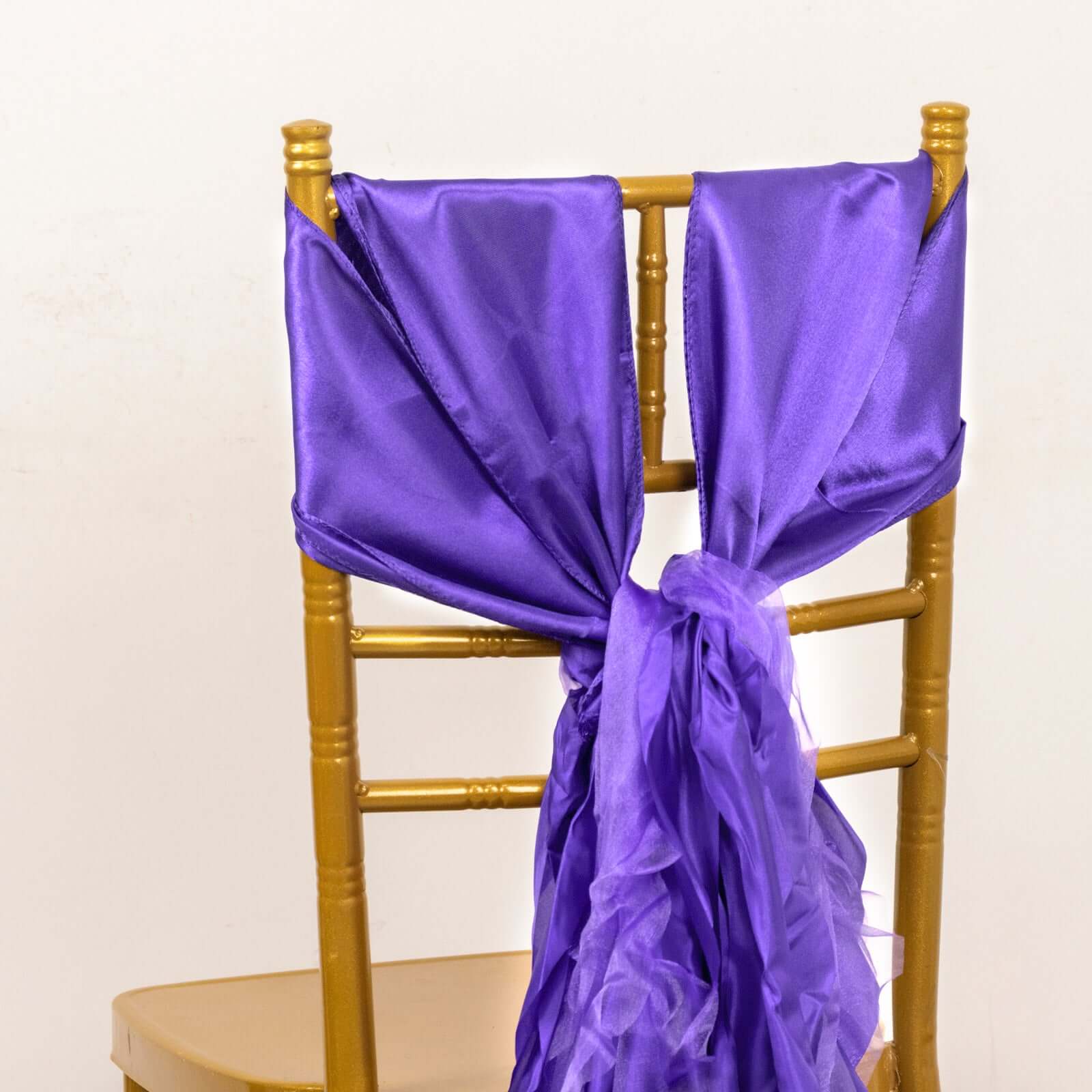 5 Pack Chiffon Satin Chair Sashes Purple - Easy to Install Ruffled Curly Willow - Bell Racket Store