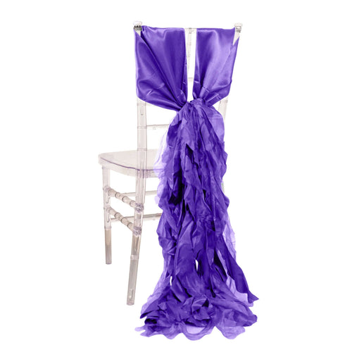 5 Pack Chiffon Satin Chair Sashes Purple - Easy to Install Ruffled Curly Willow - Bell Racket Store