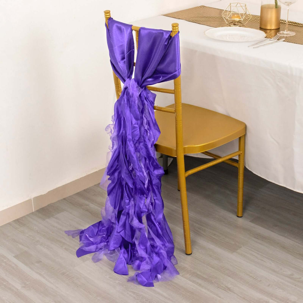 5 Pack Chiffon Satin Chair Sashes Purple - Easy to Install Ruffled Curly Willow - Bell Racket Store
