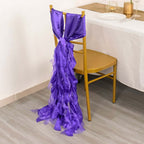 5 Pack Chiffon Satin Chair Sashes Purple - Easy to Install Ruffled Curly Willow - Bell Racket Store