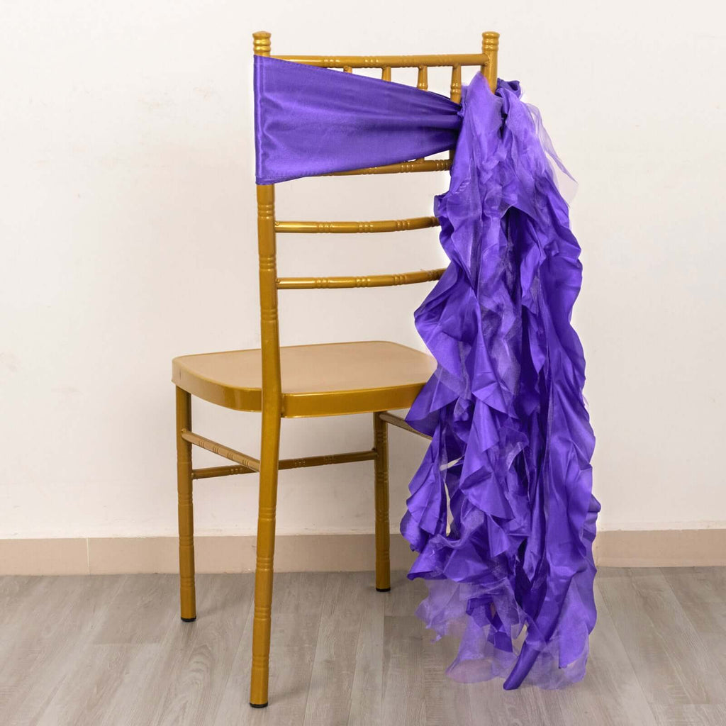 5 Pack Chiffon Satin Chair Sashes Purple - Easy to Install Ruffled Curly Willow - Bell Racket Store