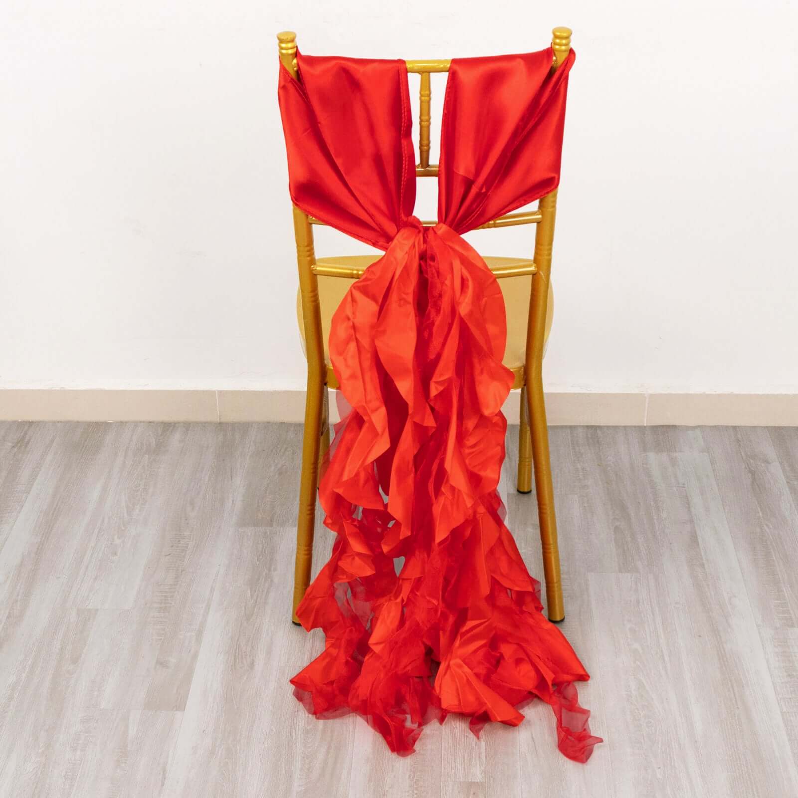 5 Pack Chiffon Satin Chair Sashes Red - Easy to Install Ruffled Curly Willow - Bell Racket Store