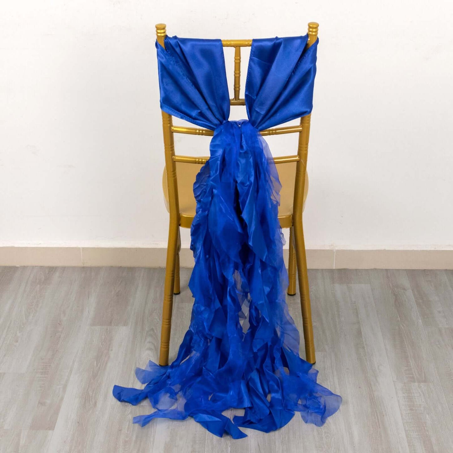 5 Pack Chiffon Satin Chair Sashes Royal Blue - Easy to Install Ruffled Curly Willow - Bell Racket Store