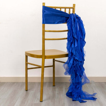 5 Pack Chiffon Satin Chair Sashes Royal Blue - Easy to Install Ruffled Curly Willow - Bell Racket Store