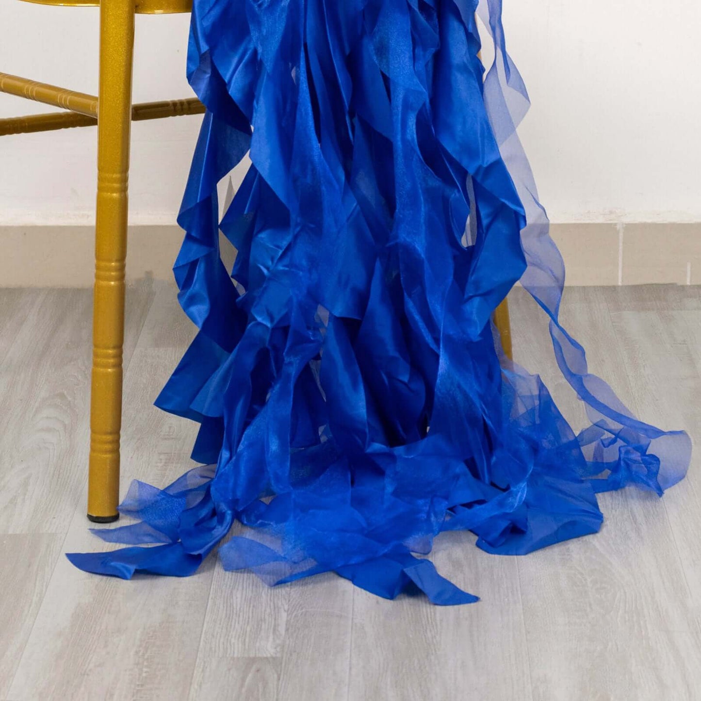 5 Pack Chiffon Satin Chair Sashes Royal Blue - Easy to Install Ruffled Curly Willow - Bell Racket Store