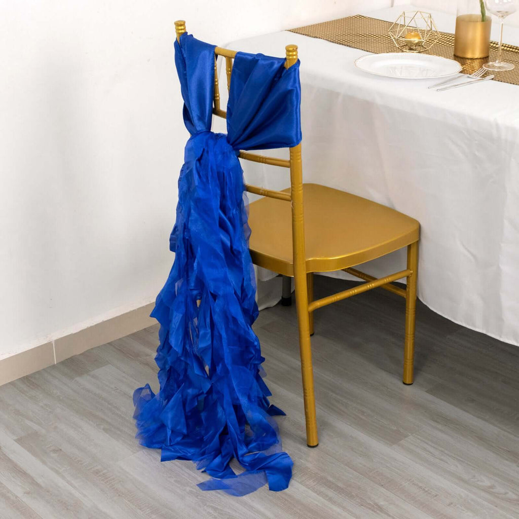 5 Pack Chiffon Satin Chair Sashes Royal Blue - Easy to Install Ruffled Curly Willow - Bell Racket Store
