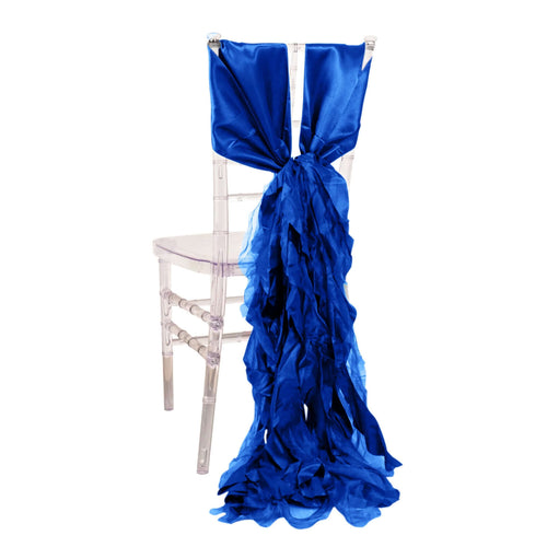 5 Pack Chiffon Satin Chair Sashes Royal Blue - Easy to Install Ruffled Curly Willow - Bell Racket Store