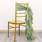 5 Pack Chiffon Satin Chair Sashes Sage Green - Easy to Install Ruffled Curly Willow - Bell Racket Store