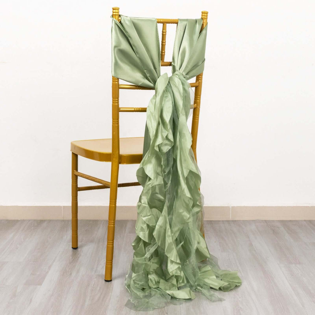 5 Pack Chiffon Satin Chair Sashes Sage Green - Easy to Install Ruffled Curly Willow - Bell Racket Store
