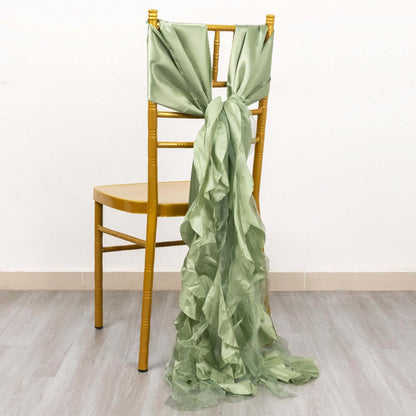 5 Pack Chiffon Satin Chair Sashes Sage Green - Easy to Install Ruffled Curly Willow - Bell Racket Store