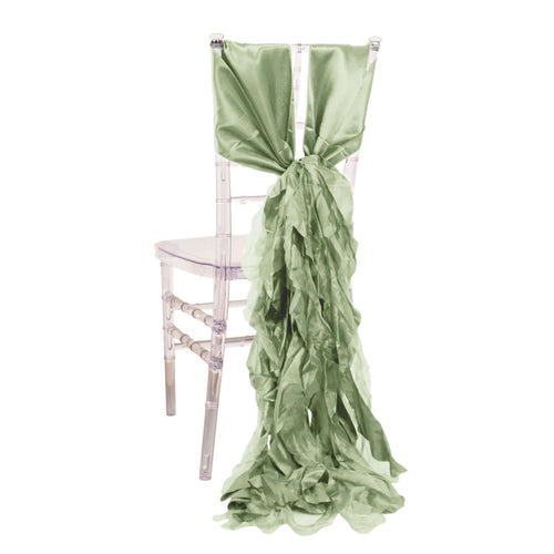 5 Pack Chiffon Satin Chair Sashes Sage Green - Easy to Install Ruffled Curly Willow - Bell Racket Store