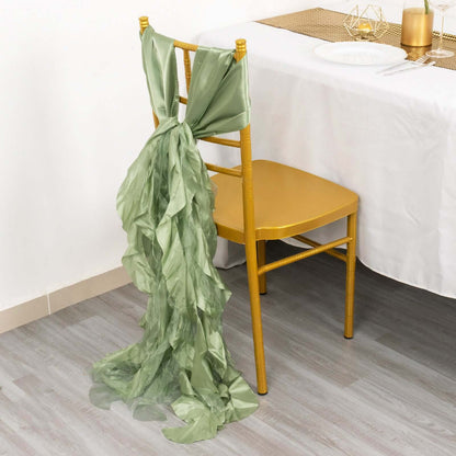5 Pack Chiffon Satin Chair Sashes Sage Green - Easy to Install Ruffled Curly Willow - Bell Racket Store