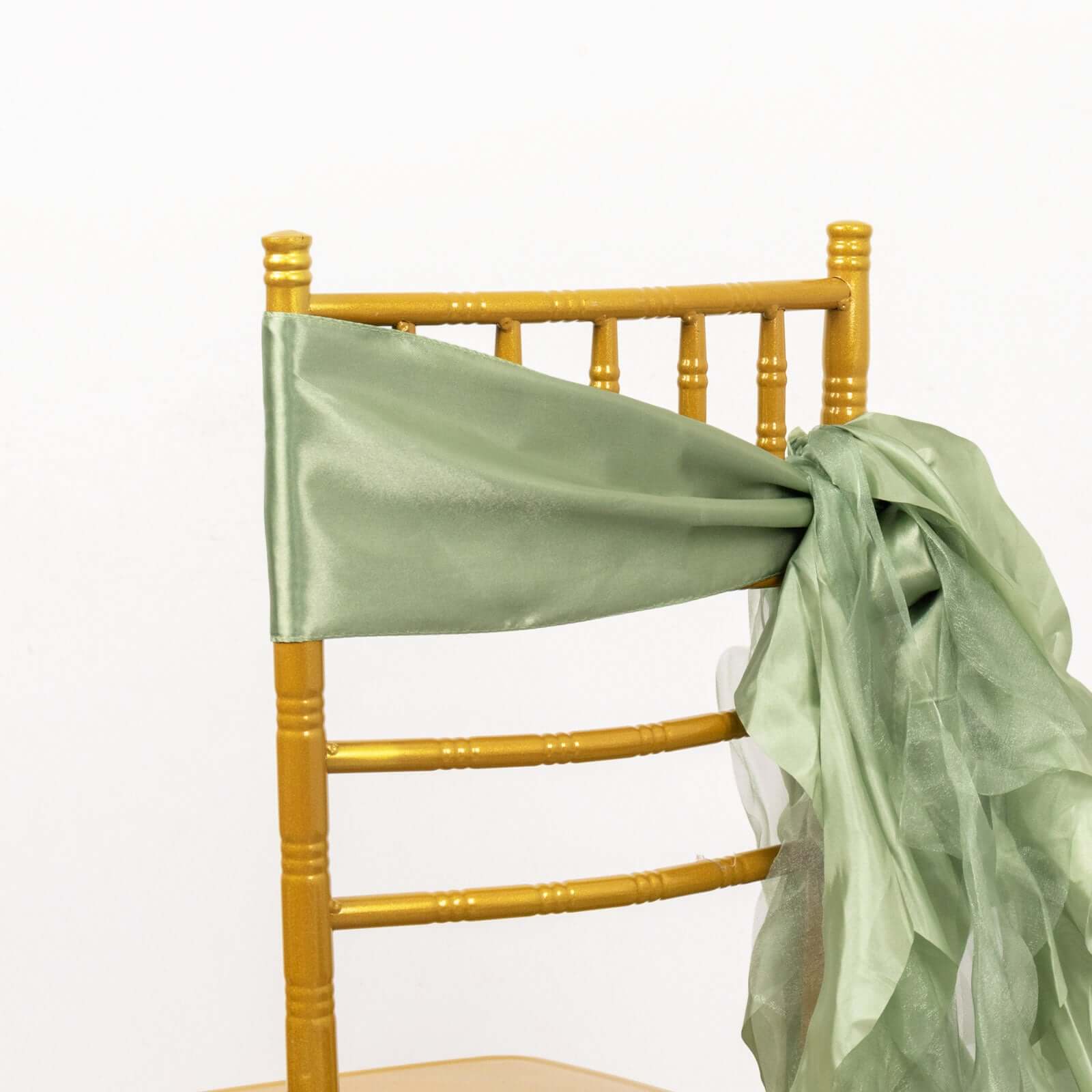 5 Pack Chiffon Satin Chair Sashes Sage Green - Easy to Install Ruffled Curly Willow - Bell Racket Store