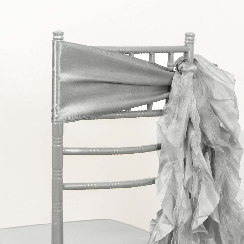 5 Pack Chiffon Satin Chair Sashes Silver - Easy to Install Ruffled Curly Willow - Bell Racket Store