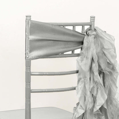 5 Pack Chiffon Satin Chair Sashes Silver - Easy to Install Ruffled Curly Willow - Bell Racket Store