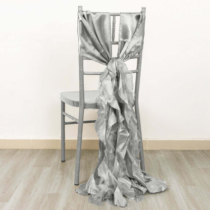 5 Pack Chiffon Satin Chair Sashes Silver - Easy to Install Ruffled Curly Willow - Bell Racket Store