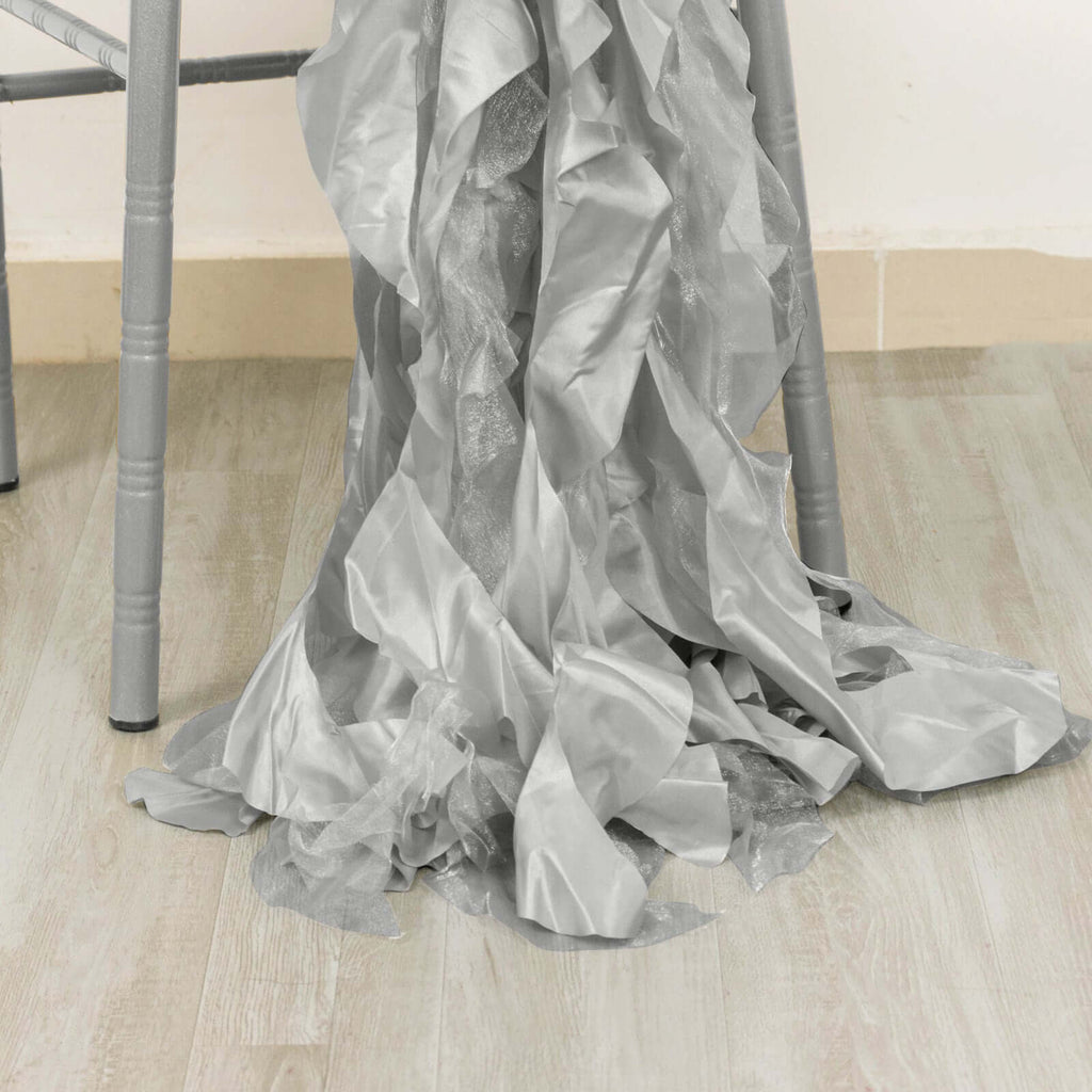 5 Pack Chiffon Satin Chair Sashes Silver - Easy to Install Ruffled Curly Willow - Bell Racket Store