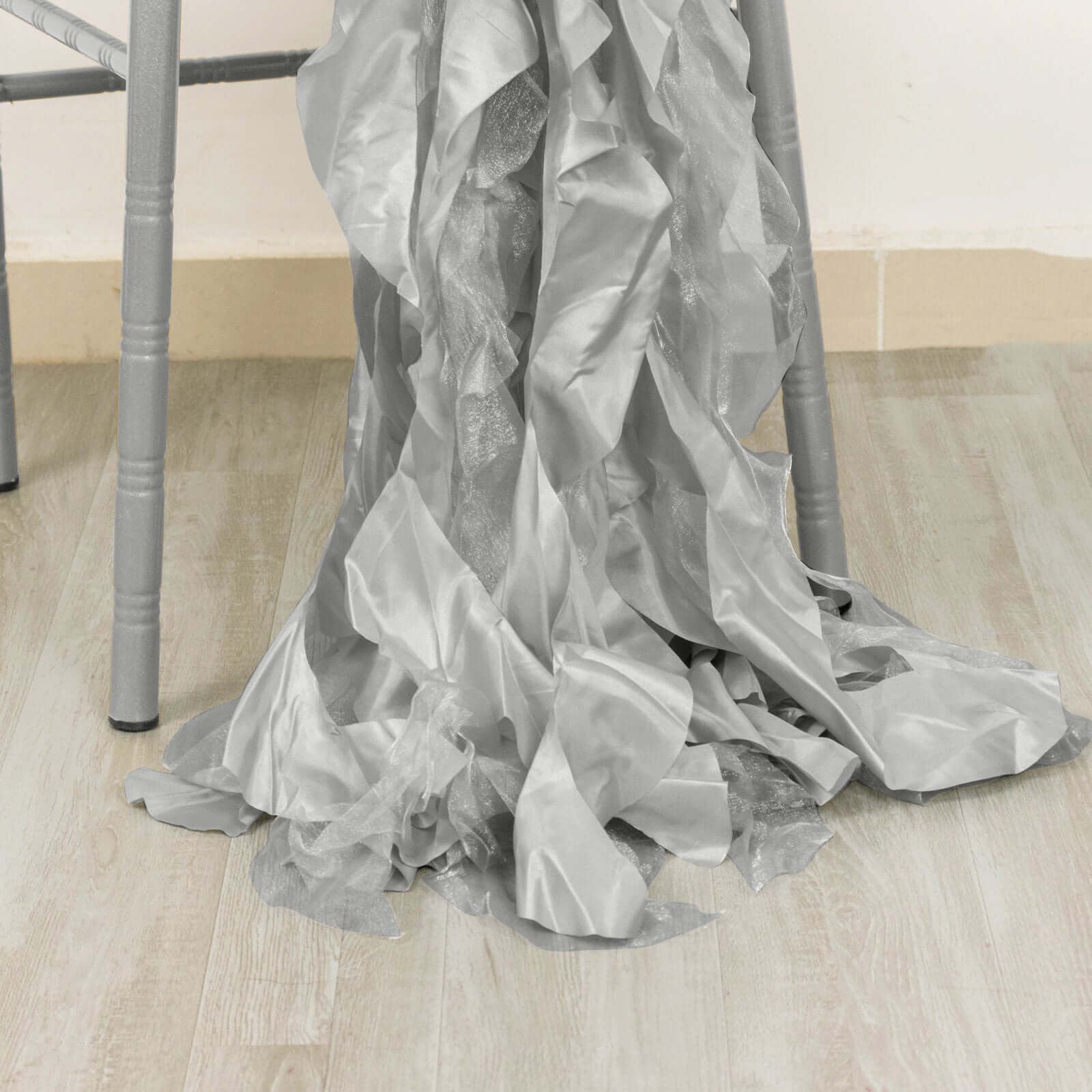 5 Pack Chiffon Satin Chair Sashes Silver - Easy to Install Ruffled Curly Willow - Bell Racket Store