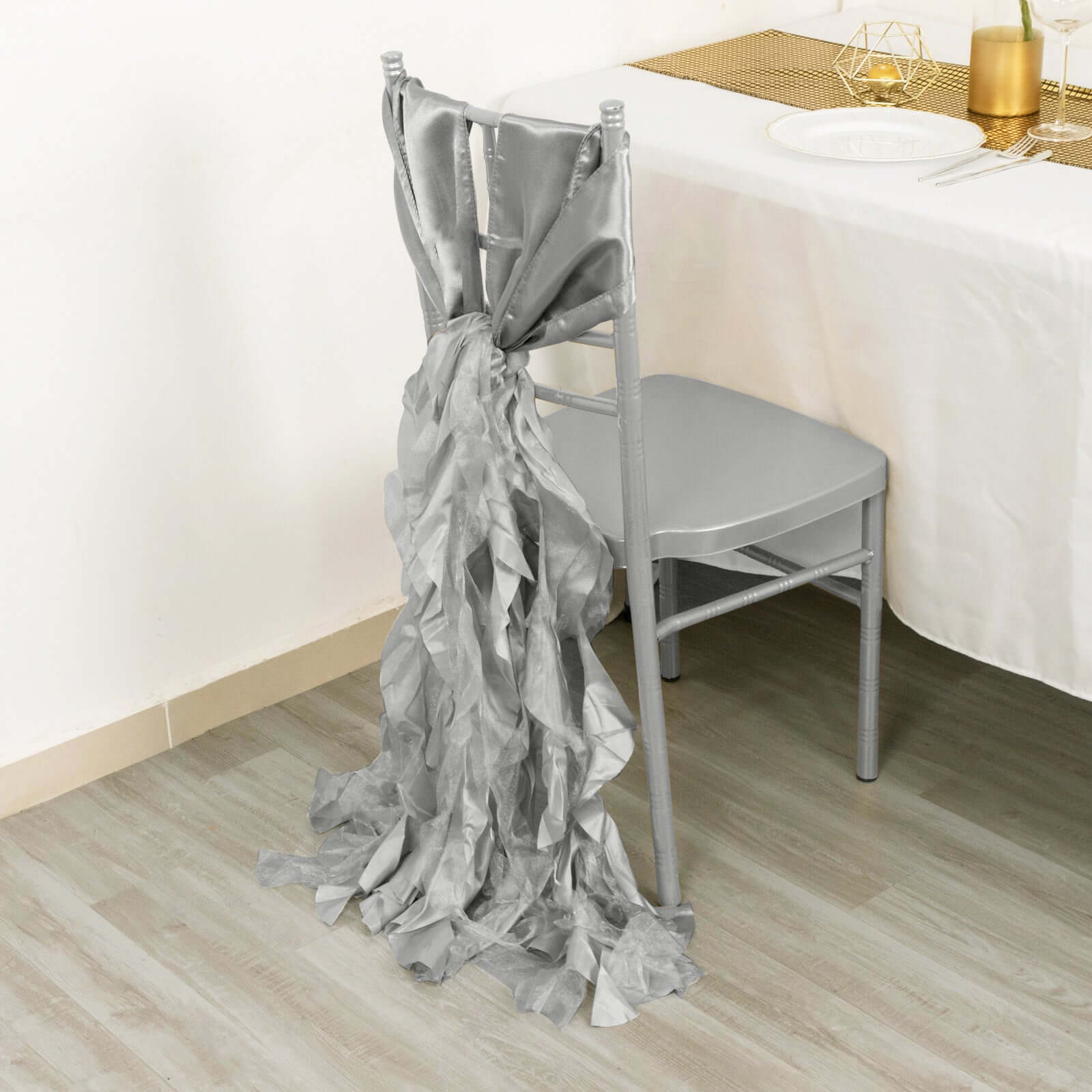 5 Pack Chiffon Satin Chair Sashes Silver - Easy to Install Ruffled Curly Willow - Bell Racket Store