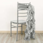 5 Pack Chiffon Satin Chair Sashes Silver - Easy to Install Ruffled Curly Willow - Bell Racket Store