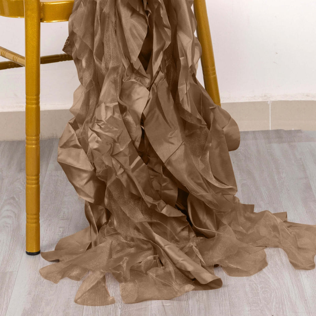 5 Pack Chiffon Satin Chair Sashes Taupe - Easy to Install Ruffled Curly Willow - Bell Racket Store