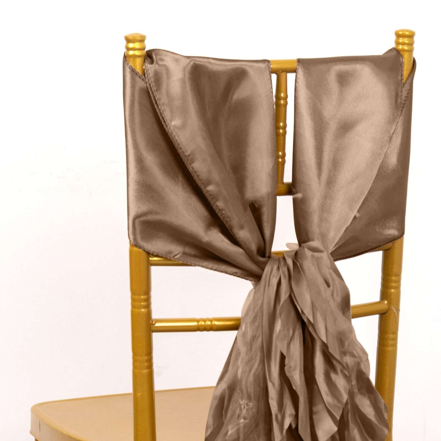 5 Pack Chiffon Satin Chair Sashes Taupe - Easy to Install Ruffled Curly Willow - Bell Racket Store