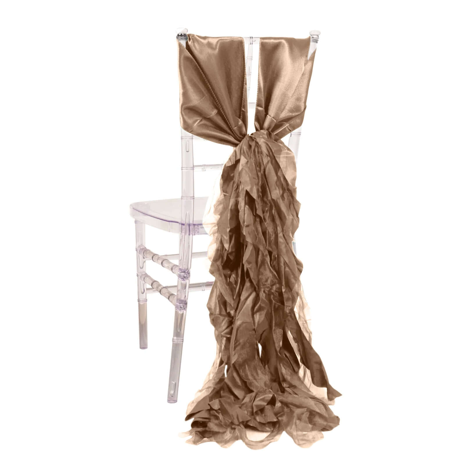 5 Pack Chiffon Satin Chair Sashes Taupe - Easy to Install Ruffled Curly Willow - Bell Racket Store