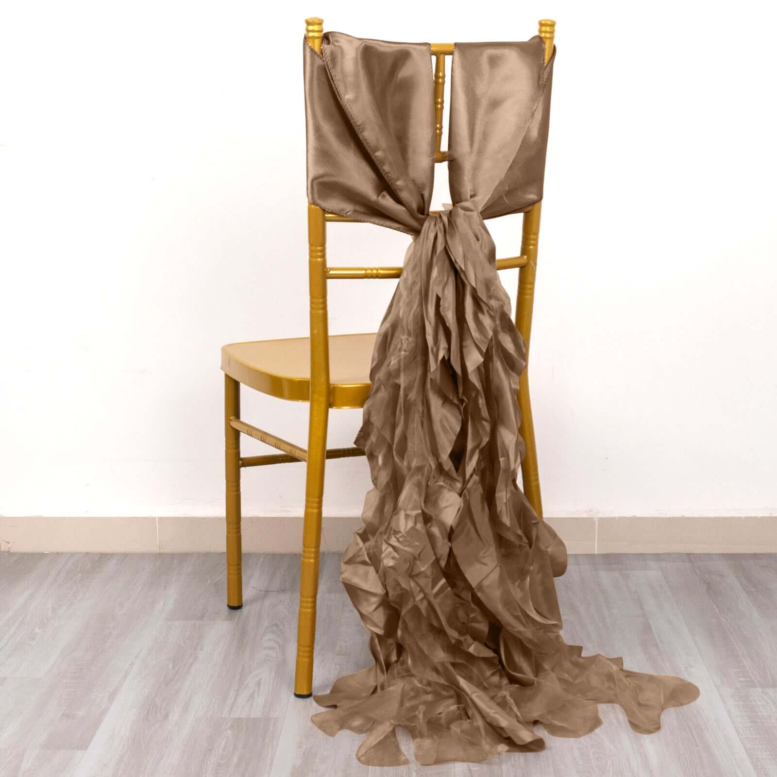 5 Pack Chiffon Satin Chair Sashes Taupe - Easy to Install Ruffled Curly Willow - Bell Racket Store