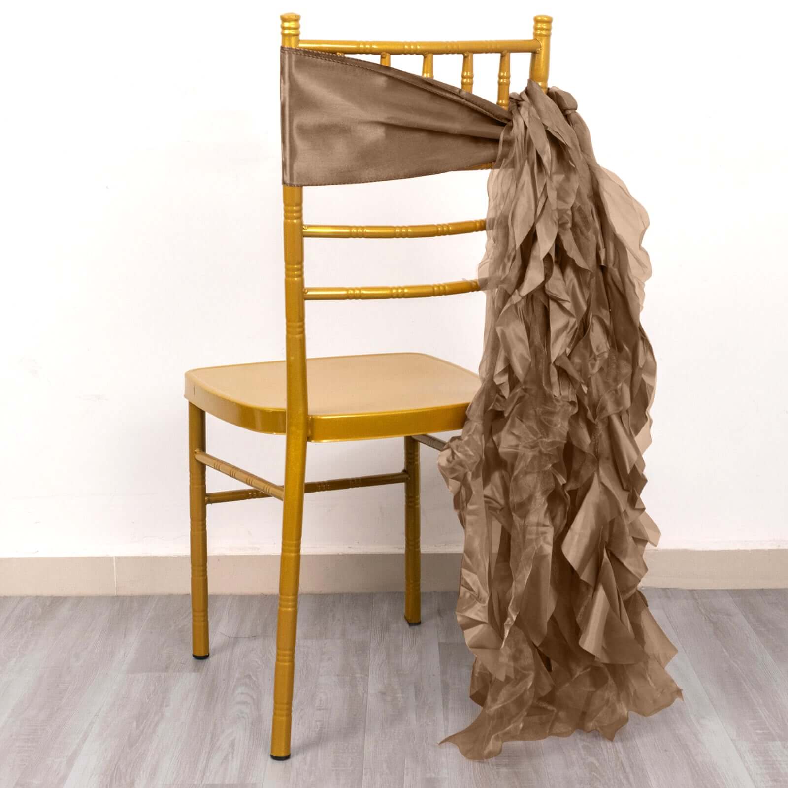 5 Pack Chiffon Satin Chair Sashes Taupe - Easy to Install Ruffled Curly Willow - Bell Racket Store
