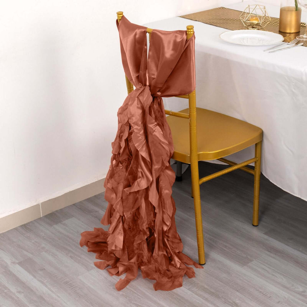 5 Pack Chiffon Satin Chair Sashes Terracotta (Rust) - Easy to Install Ruffled Curly Willow - Bell Racket Store