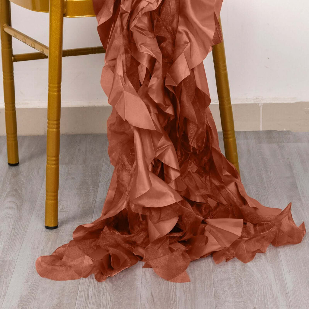 5 Pack Chiffon Satin Chair Sashes Terracotta (Rust) - Easy to Install Ruffled Curly Willow - Bell Racket Store