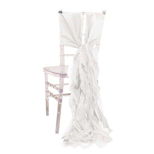 5 Pack Chiffon Satin Chair Sashes White - Easy to Install Lustrous Ruffled Curly Willow Wedding Chair Decorations - Bell Racket Store