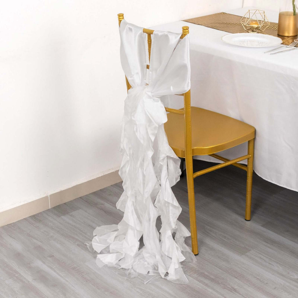 5 Pack Chiffon Satin Chair Sashes White - Easy to Install Lustrous Ruffled Curly Willow Wedding Chair Decorations - Bell Racket Store