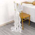 5 Pack Chiffon Satin Chair Sashes White - Easy to Install Lustrous Ruffled Curly Willow Wedding Chair Decorations - Bell Racket Store