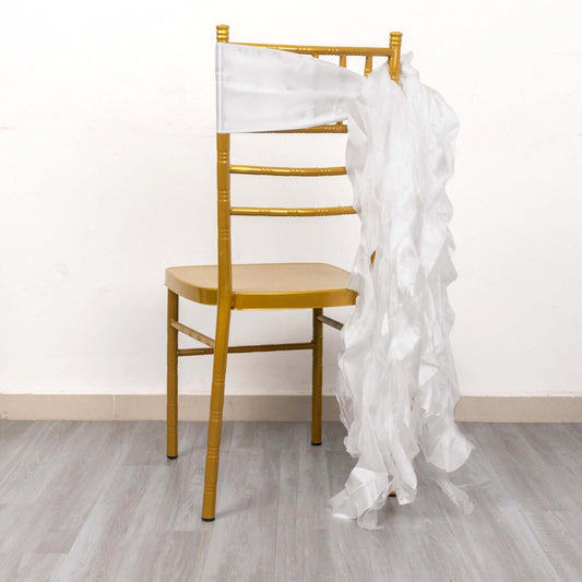 5 Pack Chiffon Satin Chair Sashes White - Easy to Install Lustrous Ruffled Curly Willow Wedding Chair Decorations - Bell Racket Store