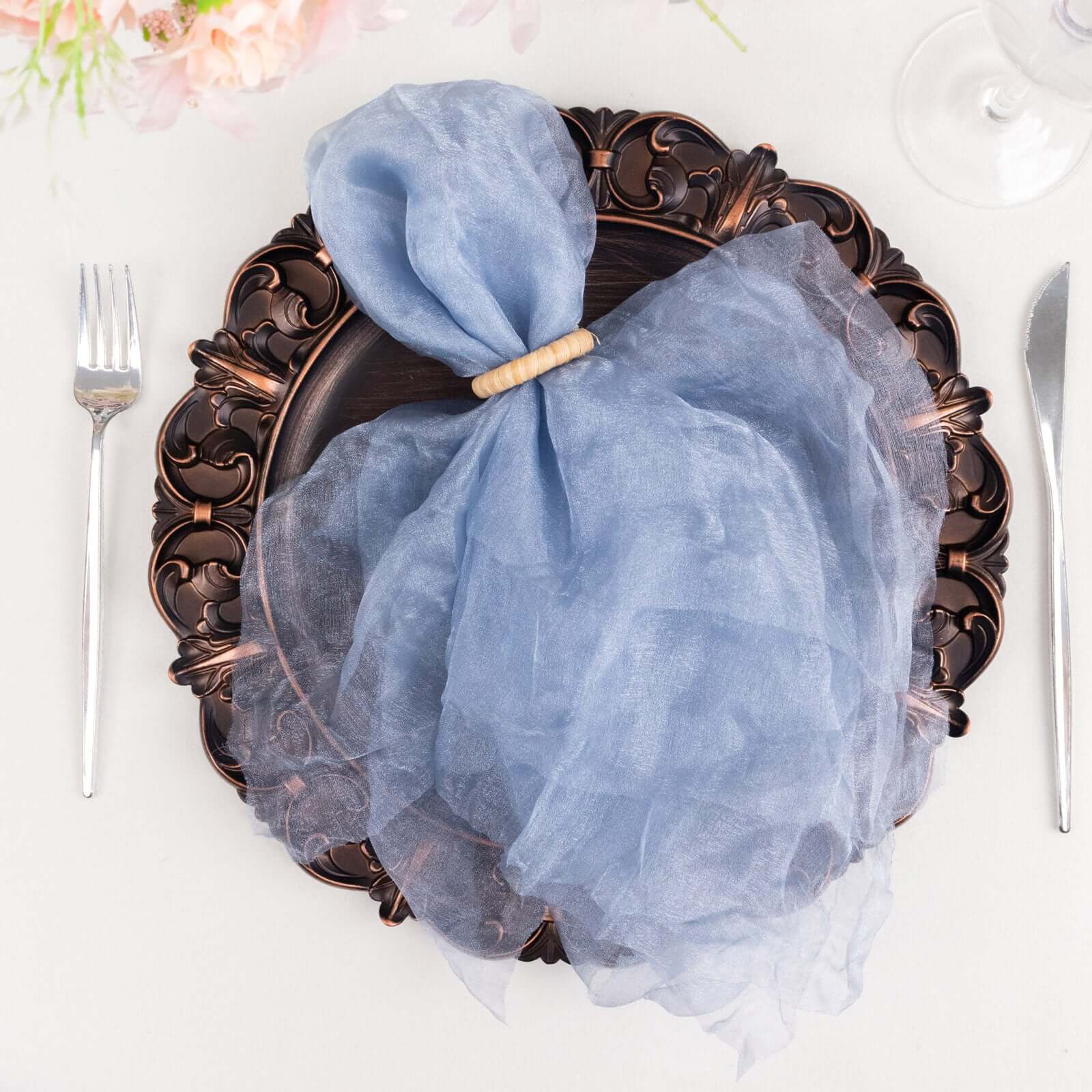 5 Pack Crinkled Organza 21"x21" Napkins Dusty Blue - Rustic Style Dinner & Party Napkins - Bell Racket Store