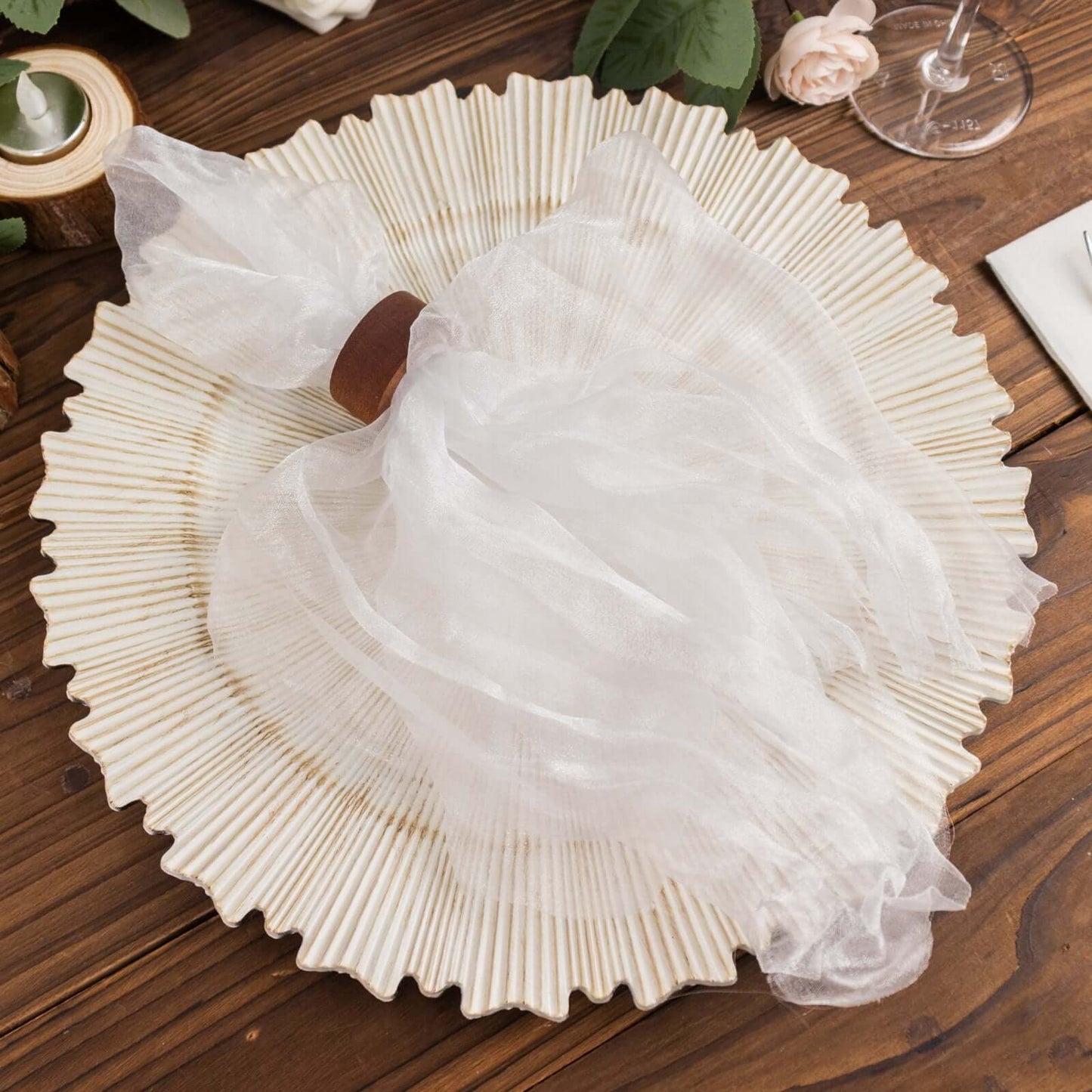 5 Pack Crinkled Organza 21"x21" Napkins White - Classy Rustic Style Dinner & Party Napkins - Bell Racket Store