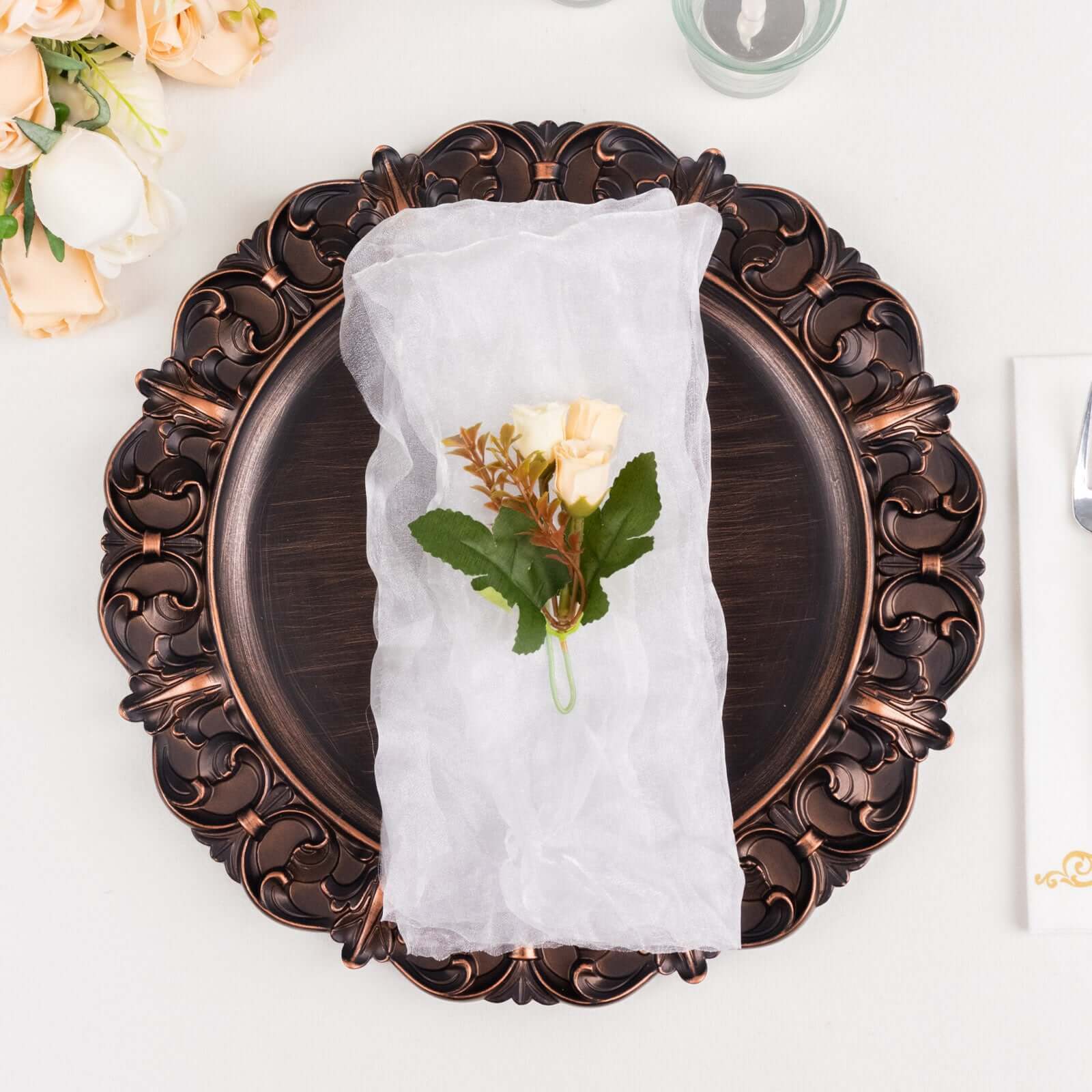 5 Pack Crinkled Organza 21"x21" Napkins White - Classy Rustic Style Dinner & Party Napkins - Bell Racket Store