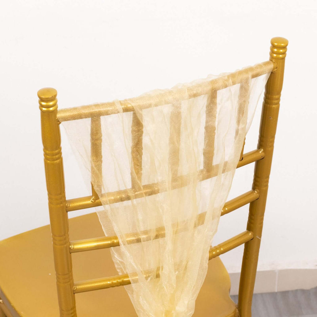 5 Pack Crinkled Organza Chair Sashes Champagne with Shimmer Chiffon Layers - Stylish Sheer Decor - Bell Racket Store