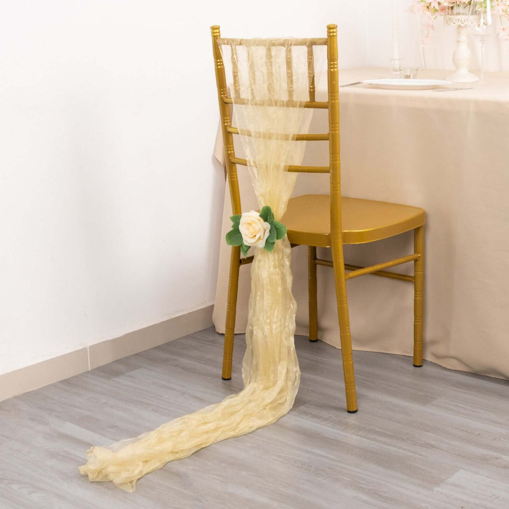 5 Pack Crinkled Organza Chair Sashes Champagne with Shimmer Chiffon Layers - Stylish Sheer Decor - Bell Racket Store
