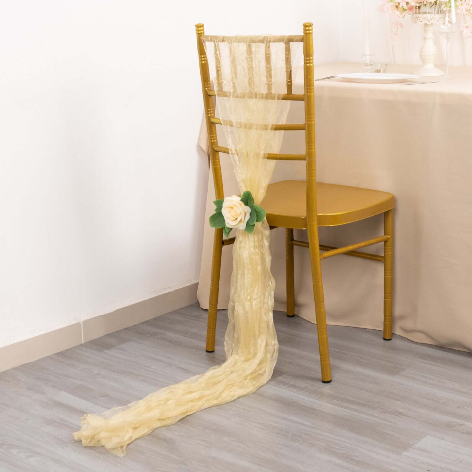 5 Pack Crinkled Organza Chair Sashes Champagne with Shimmer Chiffon Layers - Stylish Sheer Decor - Bell Racket Store