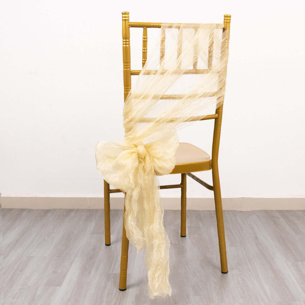 5 Pack Crinkled Organza Chair Sashes Champagne with Shimmer Chiffon Layers - Stylish Sheer Decor - Bell Racket Store